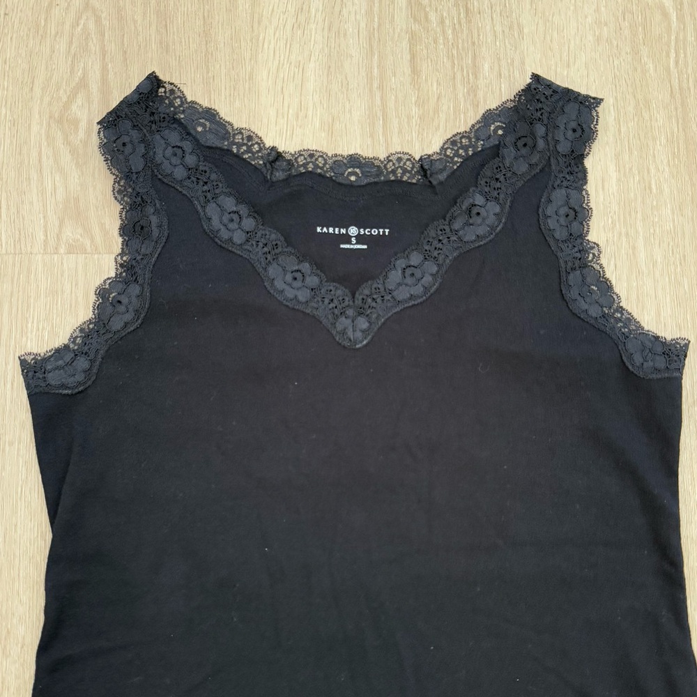 Gently Used Karen Scott Size Small Black Cotton Tank Top with Lace Trim - Picture 2 of 8